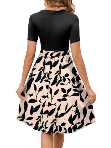 Image of Women's Elegant Vintage Round Neck Short Sleeve Summer Casual Work Party A-Line Dress with Belt 809