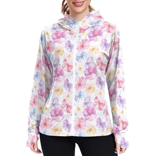 Women's Sun Protection Lightweight Hoodie Jacket Zip Up Jackets for Women UPF 50+ Clothing for Hiking Golf Cycling M Hibiscus Flowers