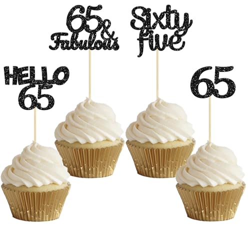 Gyufise 24Pcs Black Glitter 65th Birthday Cupcake Toppers Hello 65 Sixty Five Cake Toppers 65 & fabulous Cupcake Picks for 65th Birthday Cake Decorations Supplies