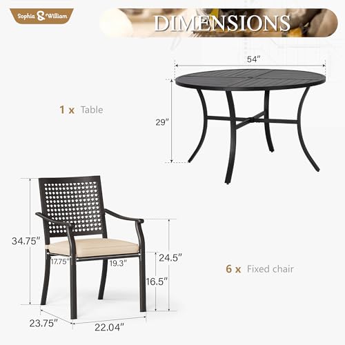 Image of Sophia & William Round Patio Table and Chairs Set, Outdoor Dining Set for 6, 7 Piece Metal Patio Furniture, 54 inch Black Table(Beehive)