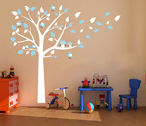 Luckkyy Cute Owls With Birds Stand On The Tree Wall Decals Tree Wall Decals Tree Wall Sticker For Kid Baby Nursery Room (87X78) (Blue) #TOP4