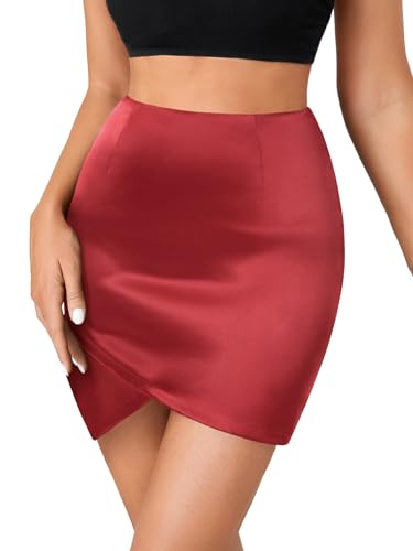 Women's Satin Silky High Waist Warp Asymmetrical Tulip Hem Bodycon Pencil Short Mini Skirt3