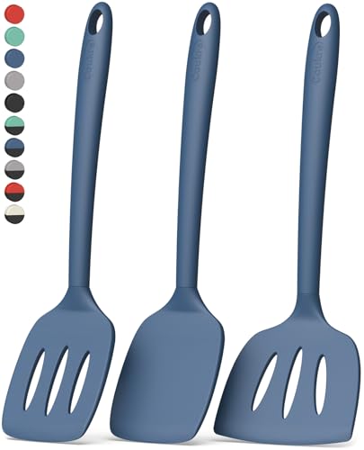 Image of Coukre 3 Pack Silicone Spatula Set, Heat Resistant to 500F, BPA-Free | Fish Spatula, Solid & Slotted Turners, Dishwasher Safe, Spatula Set for Eggs, Pancakes, Fish & Burgers, PureDarkBlue