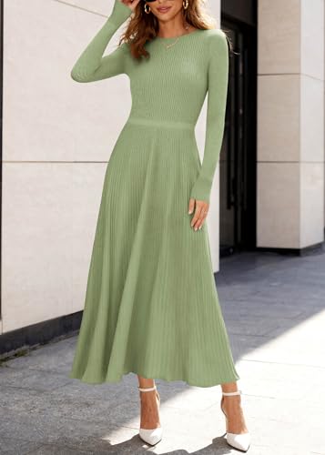 KIRUNDO Women Sweater Dress Holiday Ribbed Knit Long Sleeve Slimming Maxi Dress Fall Pleated Elegant A Line Winter Dresses(Light Green, Large) — view 6