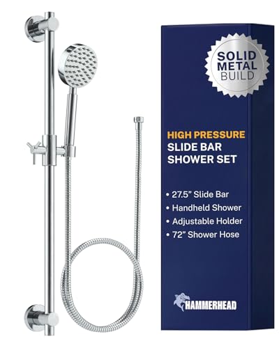 HammerHead Showers Solid Metal 27.5 Inch Shower Slide Bar Set and Handheld Shower Head with Hose CHROME 2.5 GPM High Pressure Spray Wand Easily Adjust Height & Angle of Handshower