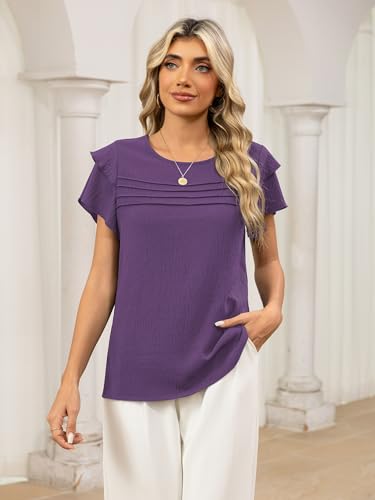 Funlingo Blouses for Women Dressy Casual Short Ruffle Sleeve Crew Neck Tops Summer Flowy Pleated Shirts Business Office Work Clothes Purple 2XL — view 2