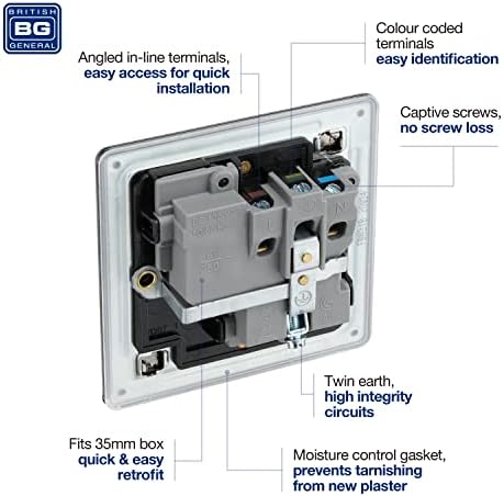 BG Electrical FBN21B-01 Screwless Flat Plate Single Switched Power Socket, Black Nickel, 13 Amp