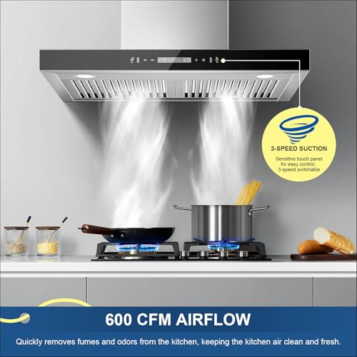Image of Wall Mount Range Hood 30 inch 600 CFM T Shape with Gesture & Touch Control, Kitchen Vent Hood Ducted /Ductless Convertible, Exhaust Fan 3-speed Stove Hood, Baffle Grease Filter, Stainless Steel