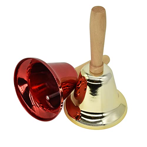2 Pcs Hand Call Bells Loud Hand Bells Metal Signal Ringing Bell Christmas Santa Bells With Handle For Service Dinner School Classroom Game Pets Wedding Party Animals, Brass Gold & Red #TOP1
