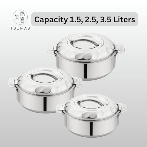 Image of Stainless Steel Casserole with Lid, Set of 3 (1500 ml, 2500 ml, 3500 ml), Double Wall Insulated Hotpot, Keeps Food Hot & Fresh, Durable Heavy Duty, Ideal for Roti, Rice, Curry, Biryani - Silver