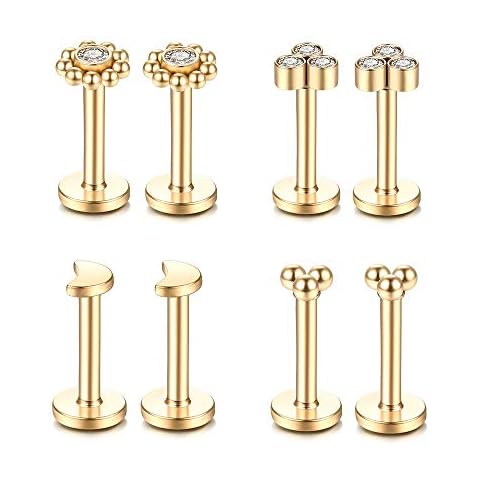 Gnoliew 16G 316L Stainless Steel Labret Monroe Lip Ring Studs Cartilage Helix Tragus Conch Daith Nose Piercing Jewelry., Stainless Steel, cubic-zirconia Cover