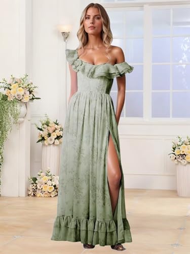 Floral Chiffon Long Bridesmaid Dresses for Women A Line Off Shoulder Formal Evening Gowns with Slit Ruffle Prom Dress4