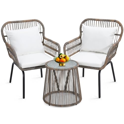 3 Pieces Rattan Wicker Bistro Set, Outdoor Conversation Set, Wicker Furniture Set with Glass Top Table, Space Saving for Balcony, Backyard, Natural