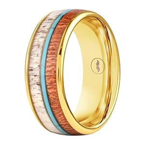 Gentlemen’s Bands Men’s Gold Wedding Band | Tungsten rings for men with Turquoise, Deer Antler & Koa Wood Inlay | Wedding Ring for Men, 8mm | Includes Silicone Band, Leather Pouch & Luxury Walnut Box
