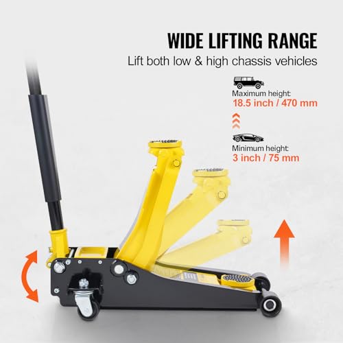 VEVOR Low Profile Floor Jack 2 Ton (4400 lbs), Heavy Duty Iron Hydraulic Racing Floor Jack, Hydraulic Car Jack, Dual Piston Quick Lift Pump, 3"-18.5" Height Lifting Range (Yellow) by VEVOR - Image 3