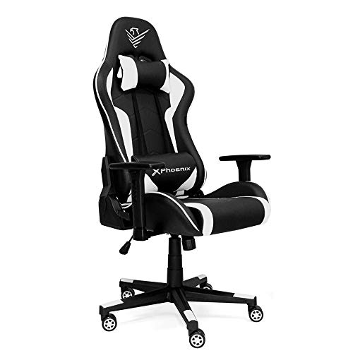 Phoenix Technologies - Silla Gaming XThrone, Cojín Cervical y cojín Lumbar, Cuero Sintético, Reposabrazos 2D Ajustables, Diseño Ergonómico, Ruedas de Nylon (Negro y Blanco)