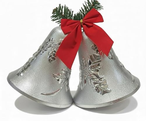 Campanas Navideñas Decorativas – 15 cm | Adorno Plateado con Moño Rojo | Decoración Festiva para Árboles, Puertas y Centros de Mesa | Detalle Premium y Elegante de Navidad