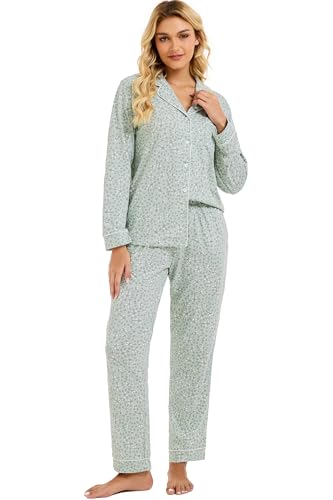Image of LUBOT 100% Cotton Pajamas for Women Pajama Set 2 Piece PJ Sleepwear Set Soft Ladies Button Knit Long Sleeve Loungewear XS-XXL