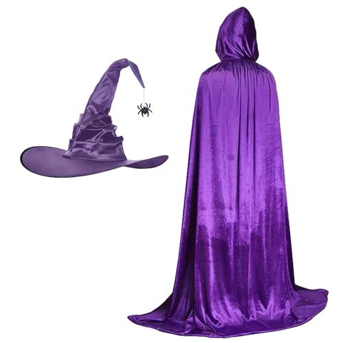 ZXTGBQ Cape à Capuchon, DéGuisement Adulte Unisexe Costume, Ensemble Cape Et Chapeau De SorcièRe Violette, Manteau Pour Halloween, NoëL, Costume De Carnaval, Bal Masqué (Violet,150cm)