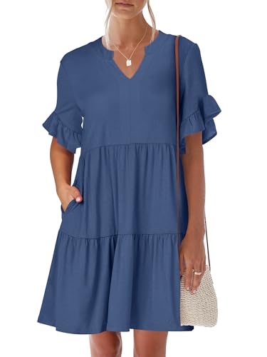 Image of ANRABESS Women's Summer Casual Dress, V-Neck Ruffle Sleeve Tiered Mini Dress, Soft Comfy Fabric with Pockets for All-Day Wear