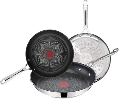Tefal Jamie Oliver - Juego de 3 Sartenes 20/24/28 cm, Apto inducción, antiadherente, revestimiento titanio, Thermo-signal, sin PFOA, apto lavavajillas y horno, acero inoxidable