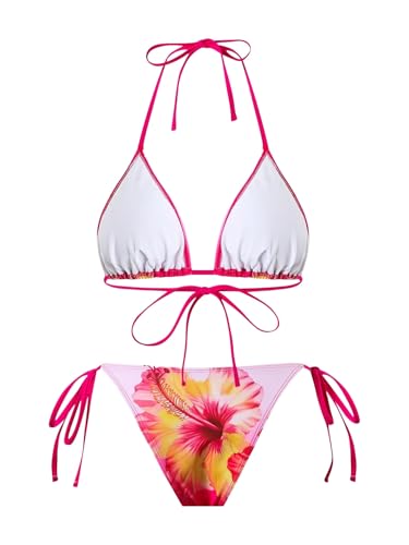 Image of ZAFUL Women's 3 Piece Swimsuit Floral Halter Triangle String Bikini Tie Side Bottom with Boho Cover Up Skirt