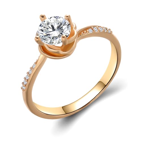 Obiyos 14K Rose Gold CZ Solitaire Engagement Ring with Pave Band, Elegant Wedding Ring for Women