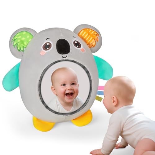 FIOBEE Tummy Time Toys Baby Mirror Tummy Time with Crinkle & Jingle Sounds Large Baby Sensory Toys for Infant Ages 0 3 6 Months and Up Newborn Training Essentials, Gray Koala
