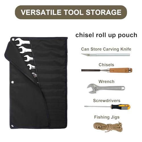 Chisel Roll,6 Pockets Roll Up Tool Pouch,Waxed Canvas Small Tool Roll Organizer and Wrench Roll Up Pouch,Store Chisel,Wrench,Pliers,Carving Knife (Black- 12 Pockets Oxford Cloth) - Image 3