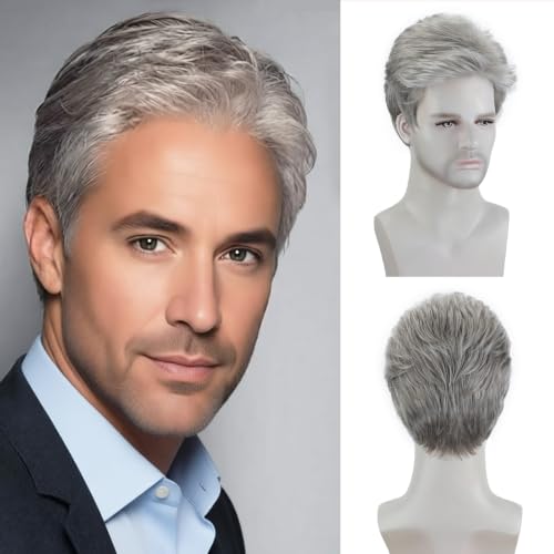 SEVENCOLORS Mens Short Grey Silver Wigs Layered Natural Hair Costume Halloween Cosplay Synthetic Wig for Male