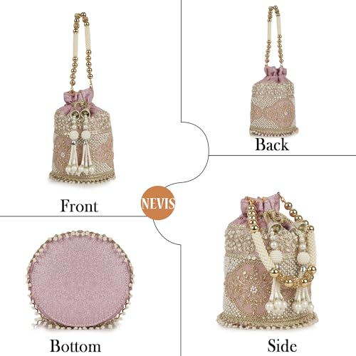 Image of Nevis Silk Fabric Luxury Pearl Embroidered Potli Bag for Women | Bridal Ethnic Drawstring Clutch with Beaded Handle Wedding | Potli Bag