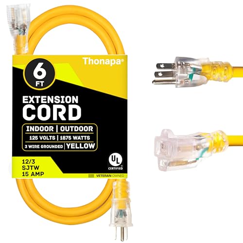 Thonapa Lighted Outdoor Extension Cord 6 ft - 12 Gauge 15 Amp Heavy Duty Power Extension Cords - SJTW - Great for Major Appliances, Power Tools, Garden Supplies - Yellow