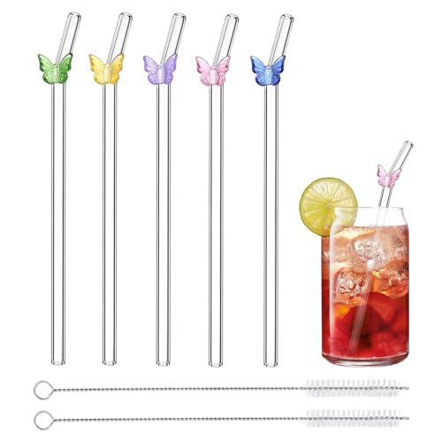 5 Pcs Glass Straws Shatter Resistant - 8 Inch Long Colorful Butterfly Design Reusable Glass Straw with 2 Cleaning Brush, Cute Bar Drinking Straws for Cocktail, Smoothies, Coffee, Juice
