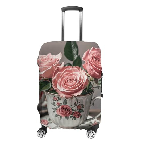 Tea Cups with Roses Romantic Shabby Luggage Cover, Washable Elastic Suitcase Cover Protector Fit 18-32 Inch Luggage