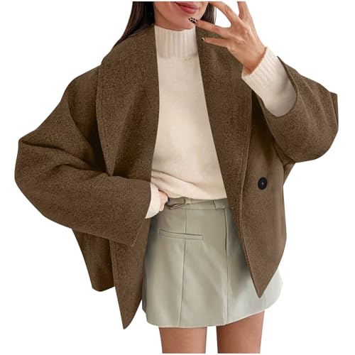 Image of Women Cropped Pea Coat Oversized Wool Blend Short Jacket Lapel Double Breasted Fall Winter Warm Warm Outerwear Outfits