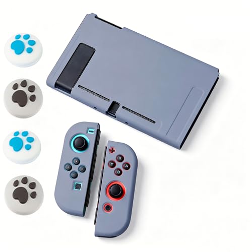 Switch用カバー＆ジョイスティックカバー スイッチ用ケース カバー アナログスティックカバー 4ｘ猫爪肉球 Joy-Con用カバー 全面保護ケース 耐久性tpu素材 キズ防止 衝撃吸収 着脱簡単 擦り傷防止 取り外し可能 指紋防止 可愛い (グレーブルー)（Amazon）