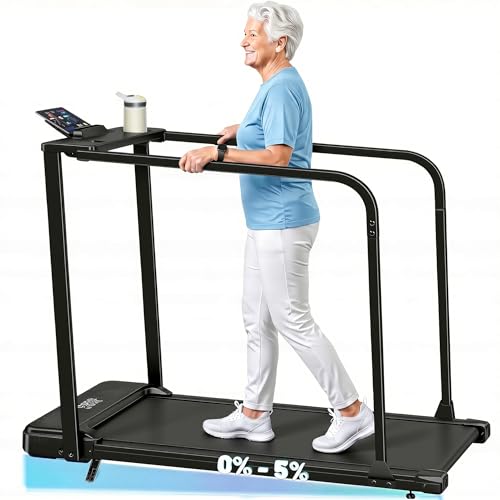 Walking Pad with Long Handrails for Seniors - Compact Treadmill with Incline for Home, Recovery Machine with Wheels, Remote Control, LED Display, Cup & Phone Holder