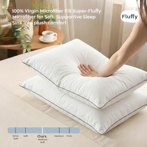 Image of AYKA Premium Microfiber Pillow for Sleeping, Set of 2 | 17x27 Inch Hotel Luxury Bed Pillows | 100% Virgin Fiber Fill, Soft & Fluffy | Neck Support for Side, Back & Stomach Sleepers | White