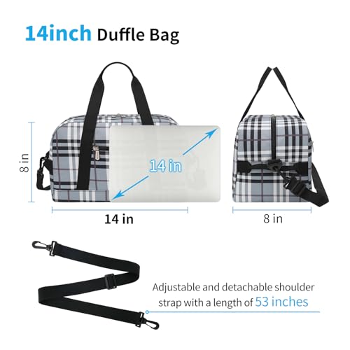 Image of Apenze Small Gym Bag 14 inch lightweight Carry On Mini Duffel Bag for Travel Sport - Gray white plaid