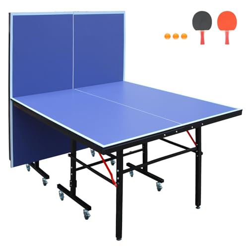 AOKUNG 8×4FT Indoor/Outdoor Blue Table Tennis Table with Quick Clamp Ping Pong Net with Two Rackets and Three Balls，1 Net and 4 Wheels Set Behind It for Easy Movement，Foldable Single-Player Game