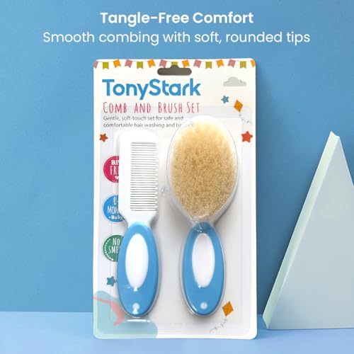 Image of TONY STARK Baby Brush and Comb Set, Newborn Essentials Set with Baby Comb and Soft Bristle Hair Brush for Your Toddler's Scalp (Blue)
