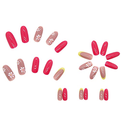 Flower Press On Nails Almond, Medium Length Fake Nails Summer Fresh Floral Press On Nails Acrylic Ballet Pink White Self-Adhesive False Nails Press On Nails Manicure Tips For Women, 24Pcs (Style4) #TOP3