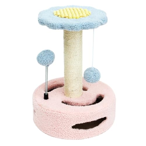 Jackanna Lindo poste rascador para gatos de girasoles, con cama, poste de sisal, cama de gatito, perca, gato pequeño, torre de gato con juguetes colgantes (rosa + azul)