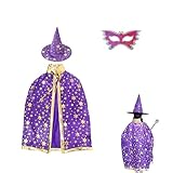 YTAXYZWR Disfraz de mago infantil con capa, sombrero y máscara, set 3 piezas para niño, negro con estrellas doradas, 80 cm ideal para Halloween, carnaval y actuaciones