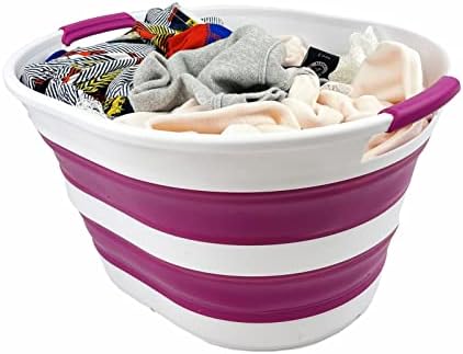 SAMMART 23L (6 Gallons) Collapsible Plastic Laundry Basket - Oval Tub / Basket - Foldable Storage Container / Organizer - Portable Washing Tub - Space Saving Laundry Hamper (1, White/Purple)