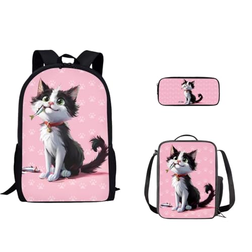 FOR U DESIGNS Cat School Backpack Set for Kids Girls Bookbag with Lunch Box and Pencil Case Pink Travel Lightweight Backpack 3 Piece Pink