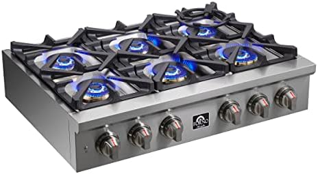 FORNO Spezia 36" Inch. Drop-In Range Top with 6 Sealed Dual Brass Burners - Stainless Steel Stove Top Heavy Duty Continuous Cast Iron Grates with Auto-ignition, Griddle, Wok-Ring and LP conversion