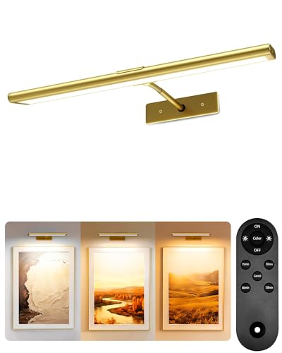 EZVALO 16'' Picture Light for Wall, 4800mAh Rechargeable Art Lights with IR Remote, Dimmable Magnetic Gallery Lights with 3 Color Temperatures, Display for Living Room, Dinning Room and Bedroom (Gold)