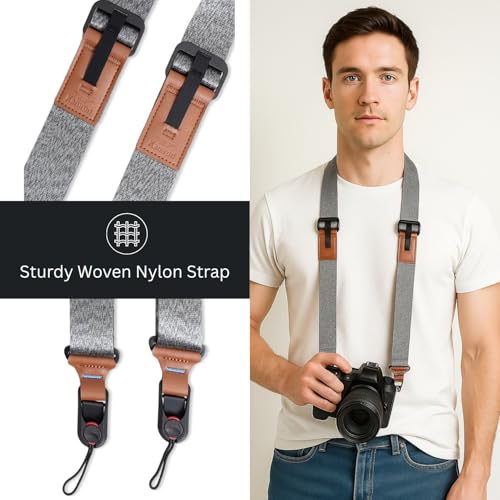 Image of Kamron Side Camera Sling Strap - Adjustable Woven Nylon Neck & Shoulder Strap with Quick Release, Anti-Fall Locks & Leather Accents - Compatible with DSLR, Mirrorless & Action Cameras