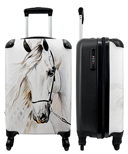 NoBoringSuitcases.com® Valise Chariot à Bagages à Main Cheval - Blanc - Illustration - Fille Bagage Cabine imprimé 55x35x25 cm Valise de Voyage avec roulettes - Trolley